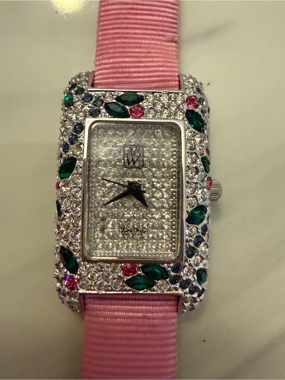 Victoria Wieck Crystal Watch with Green and Pink Floral Accents